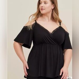 Torrid Black Lace Trim Cold Shoulder Top